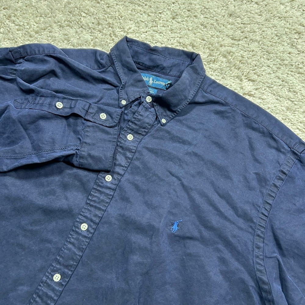 Ralph Lauren Button Down Shirt 2XLT Navy Blue Silk Linen Blend Long Sleeve Pony
